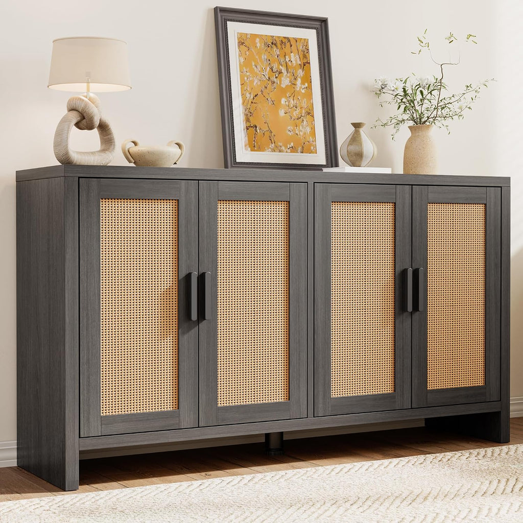 Rattan Buffet Cabinet with Storage, Sideboard with Doors, Console Table, Farmhouse Coffee Bar, Modern Wood Long