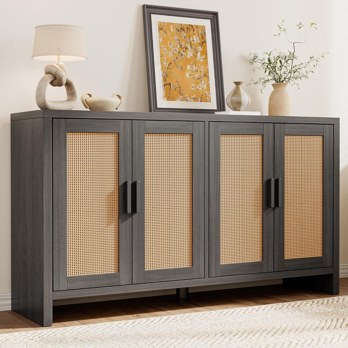 Rattan Buffet Cabinet with Storage, Sideboard with Doors, Console Table, Farmhouse Coffee Bar, Modern Wood Long