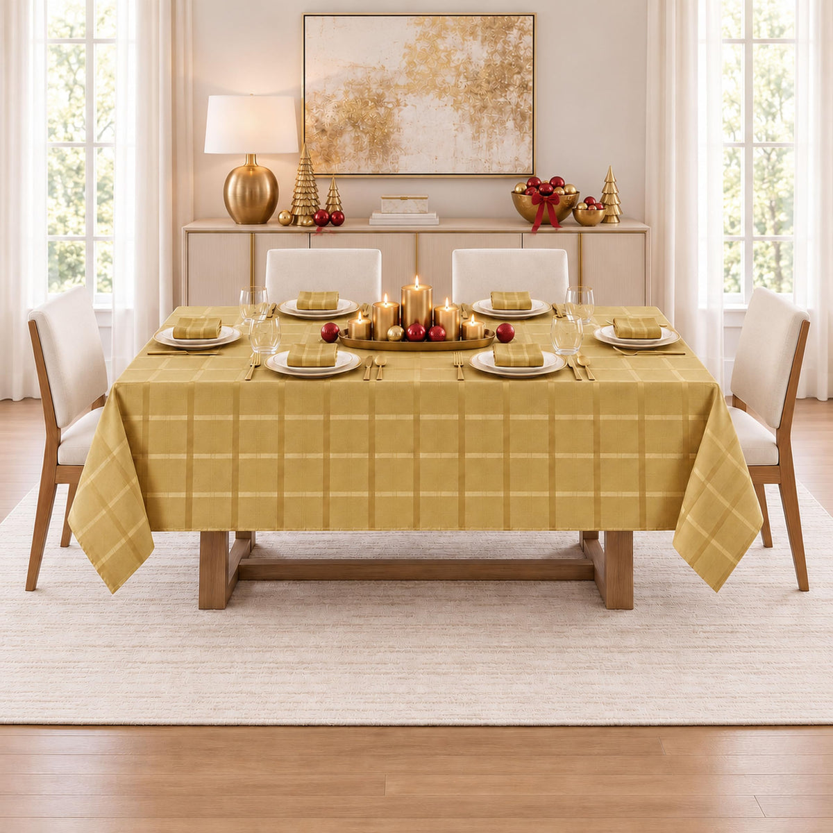Holiday Elegance Plaid 60 x 120 Inch Rectangle Tablecloth, Gold