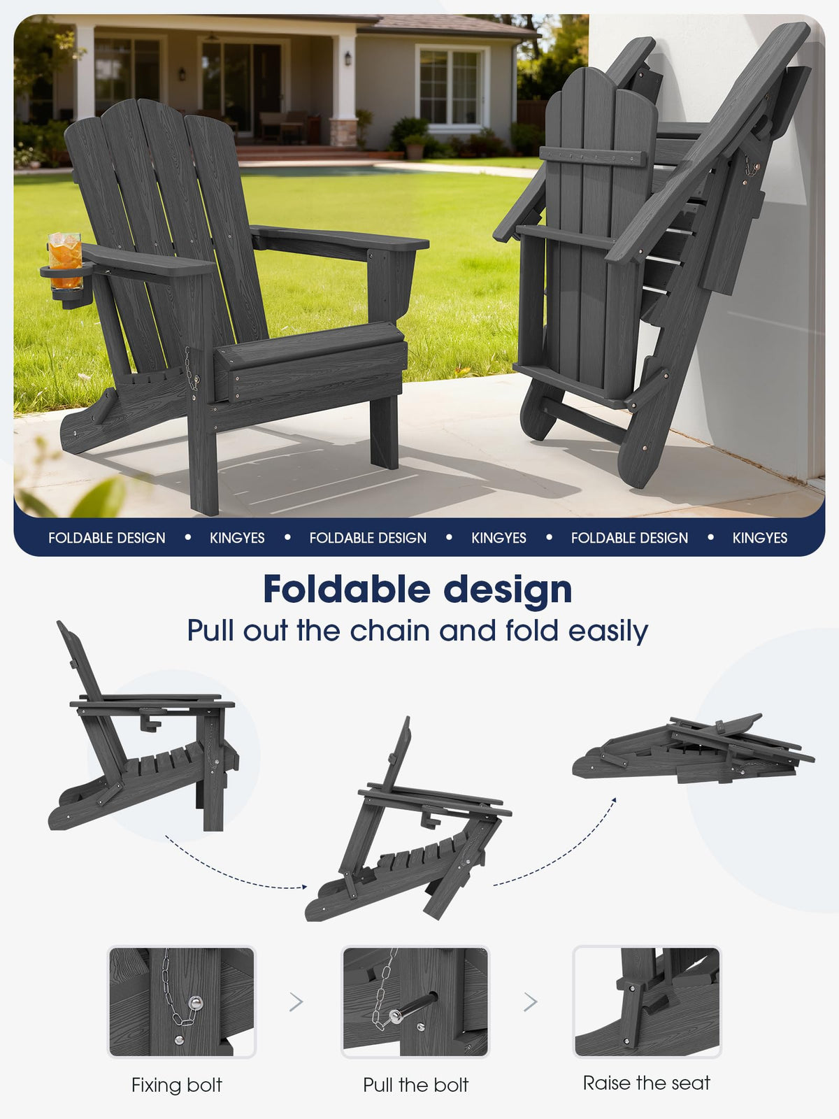 Folding Adirondack Chair Set of 2 with Cup Holder, Grey