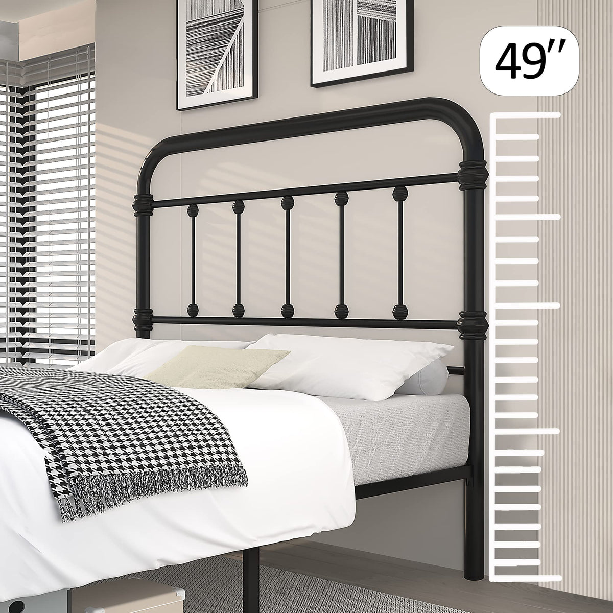 Metal Bed Frame with 49inch High Vintage Headboard