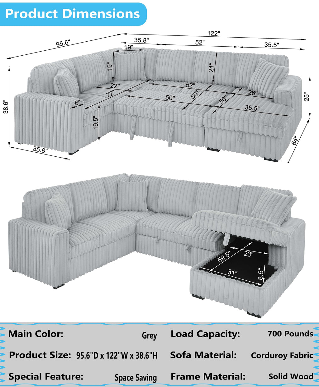 122 Inch Oversized Sectional Sleeper Sofa with PullOut Bed, U Shape