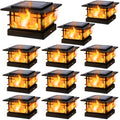 4x4 Solar Post Cap Lights Outdoor with Flickering Flame Light, 12 Pack Black Shell Fence Post Solar Lights Fit
