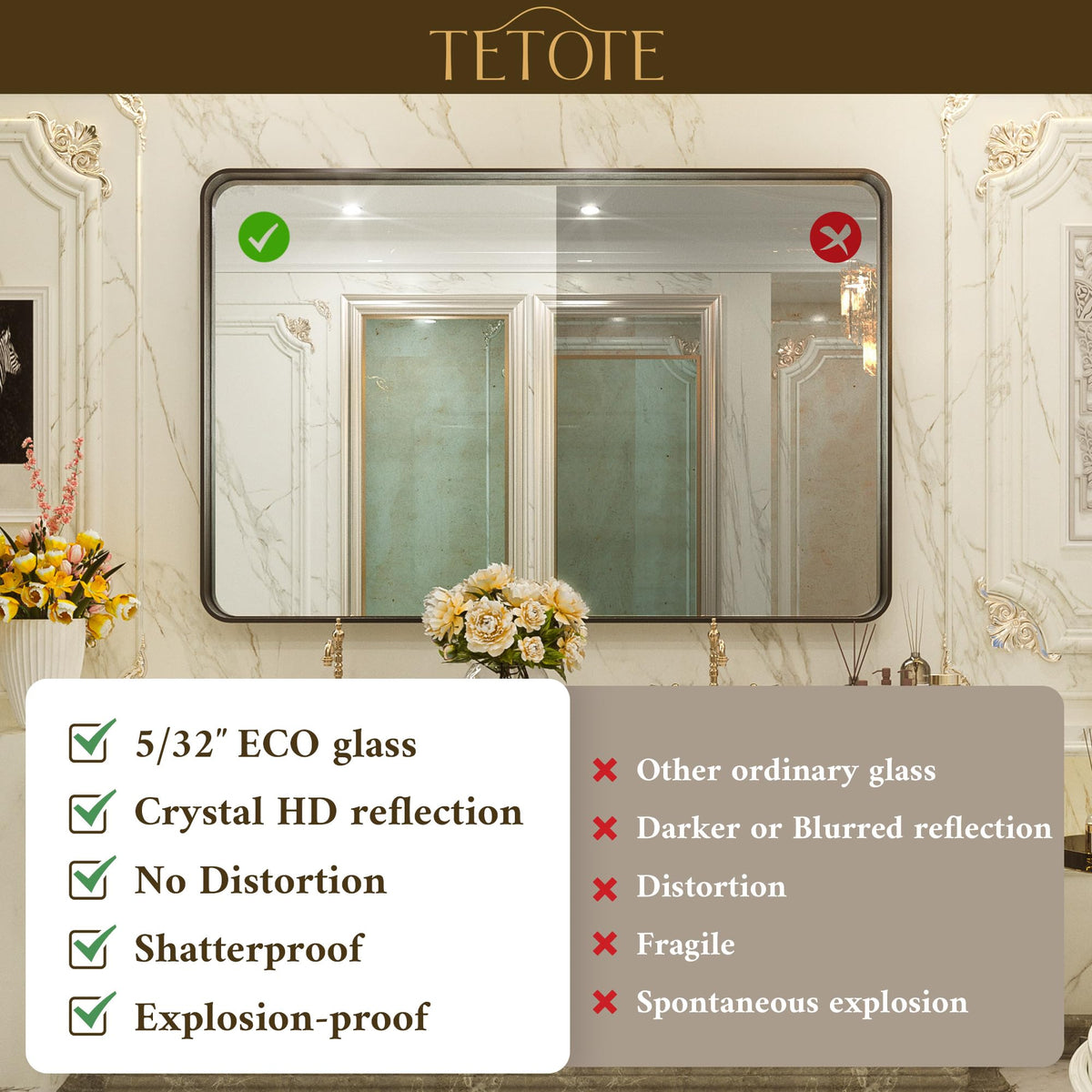 Black Framed Mirrors, 2 Inch Thick Frame 22 x 30 Inch Brushed Metal Frame Wall Mounted Rectangle Mirror