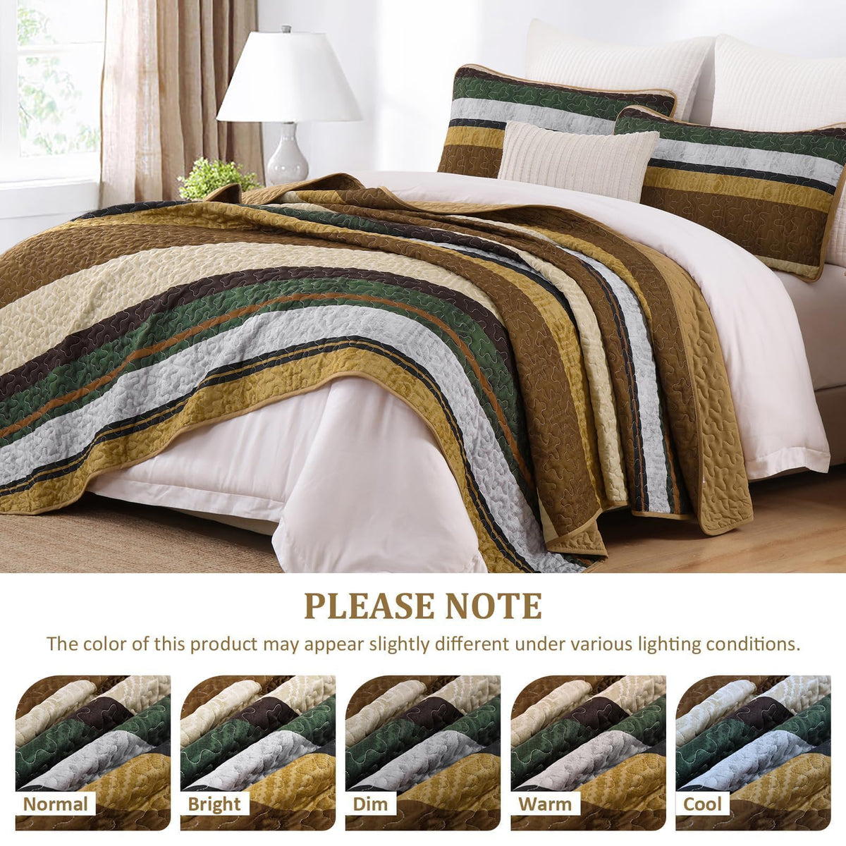 Stripe Quilt Bedding Set, Boho Brown Lightweight Bedspread