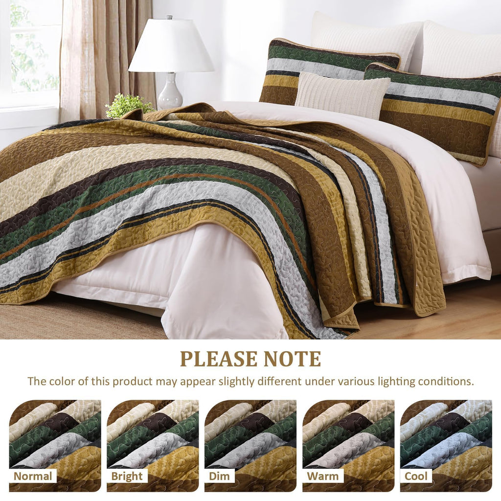 Stripe Quilt Bedding Set, Boho Brown Lightweight Bedspread
