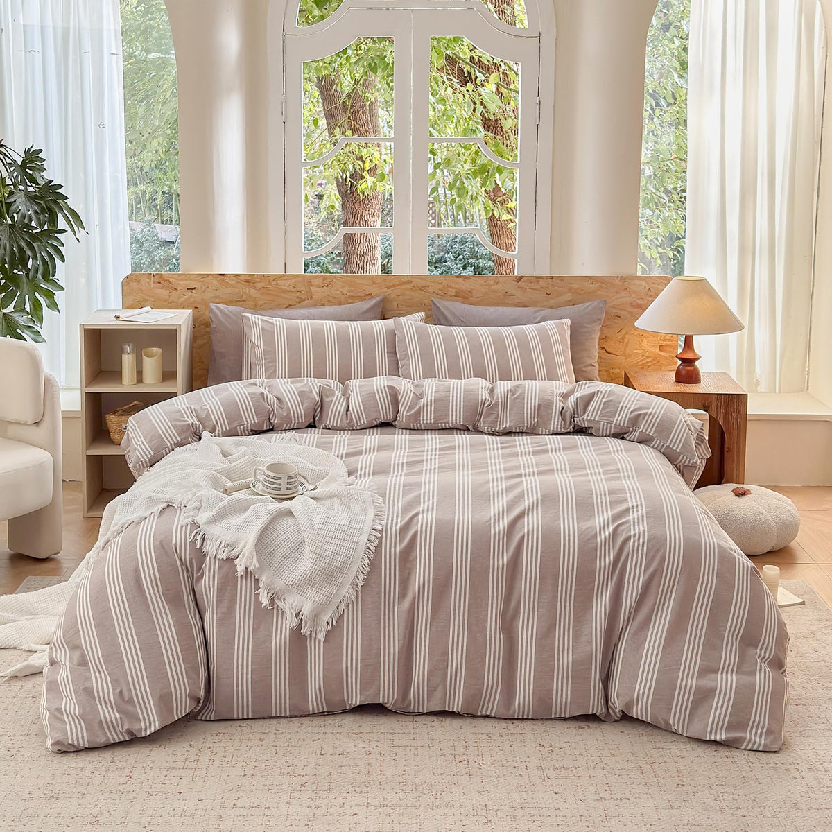 Striped Duvet Cover Set 100% Washed Cotton Linen Like Super Soft Chic Bedding Set 3 Pcs Light Brown-White