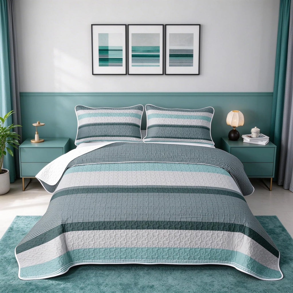 Abstract Geometric Quilt Bedding Set Farmhouse Ticking Stripes Quilted Comforter Mid‐Century Bedspread Coverlet