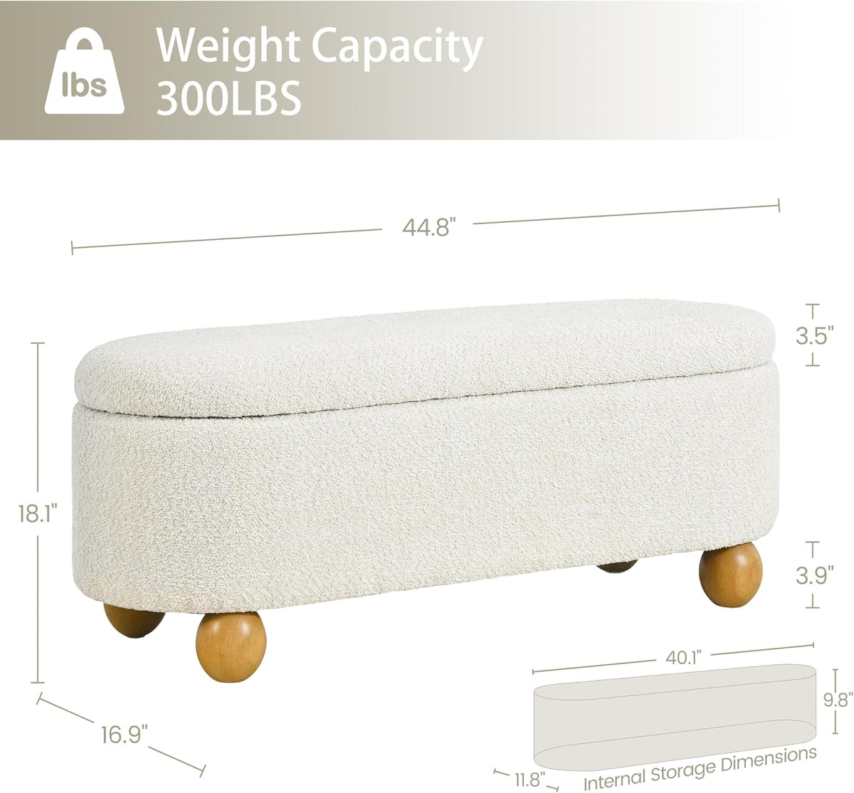 44.8" Storage Ottoman Bench End of Bed Bench with Hinge, Beige | Cute Spherical Solid Wood Stool Legs, Comfortable