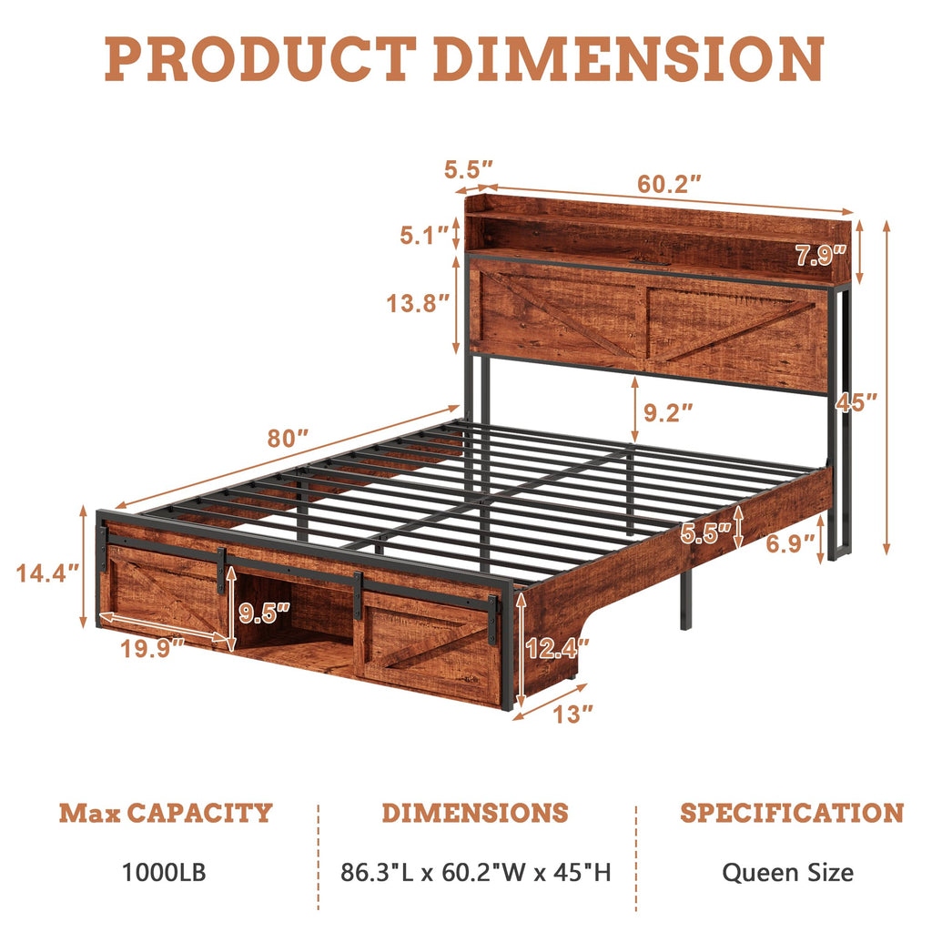 Bed Frame with Storage Headboard, Rustic Platform Bed Frames Under Bed Storage, Footboard Storage