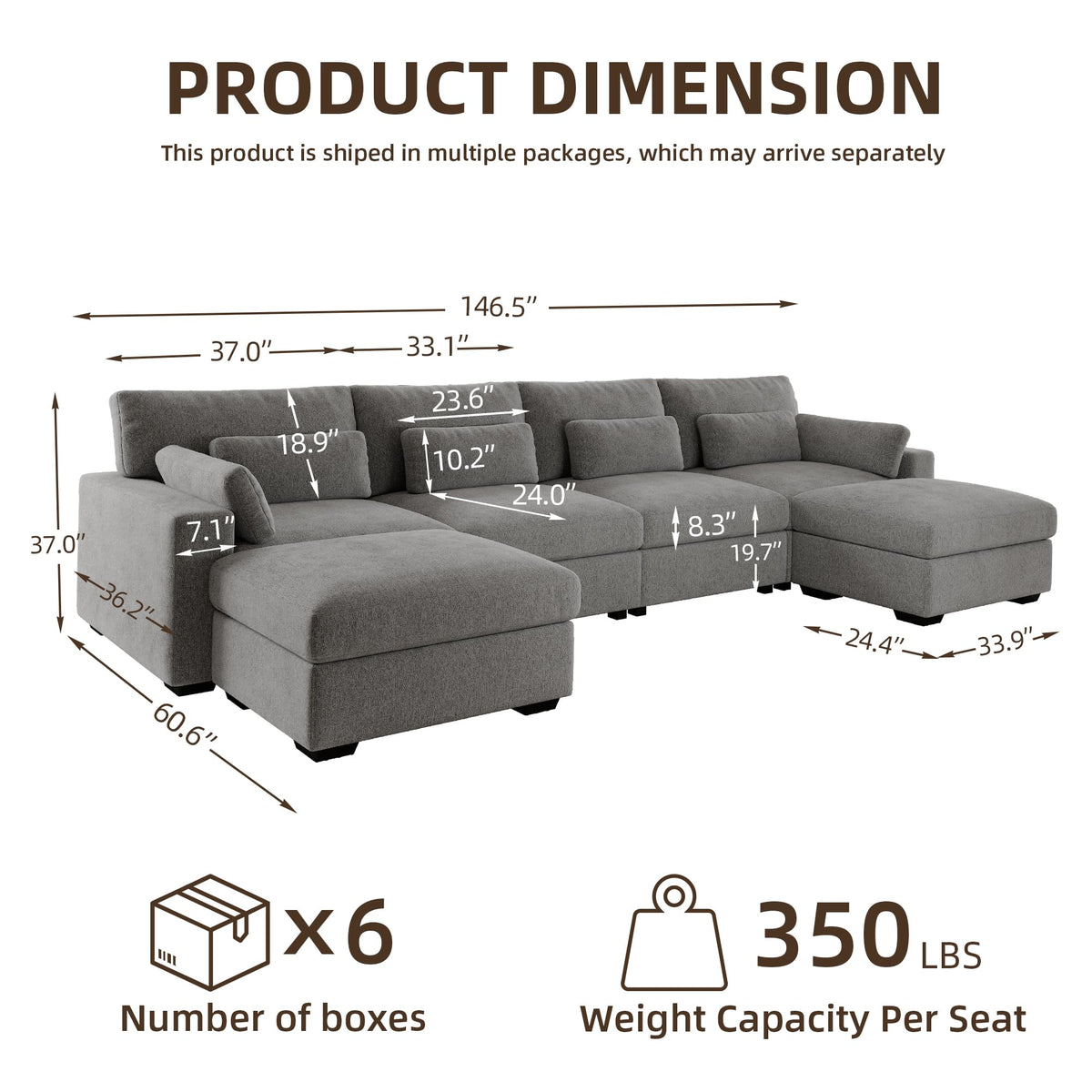 146.5'' Modular Sectional Sofa, U Shaped Oversized Extra Deep Couches, 4-Seat Chenille Couch with Wooden Legs
