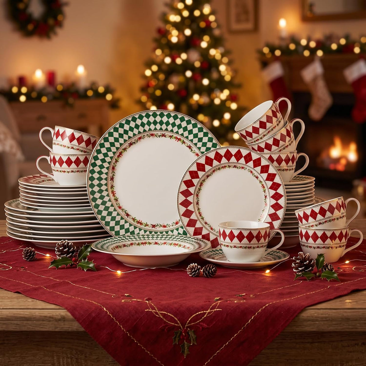 Christmas Argyle Real Gold Trim Porcelain Dinnerware Set, Piece Service for 8 Plates Bowls Mugs