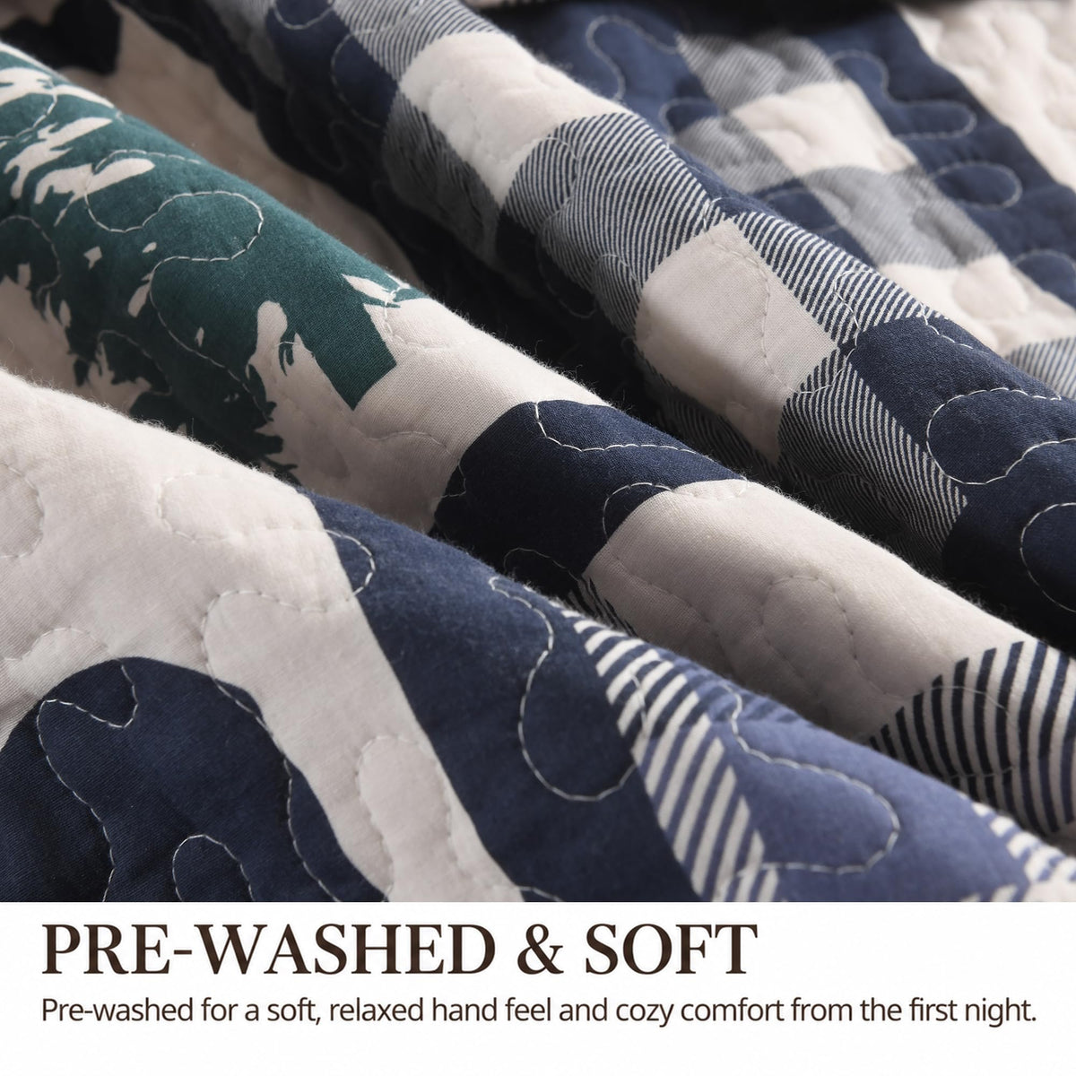 Bear Patchwork Quilt Set - Rustic Cabin Bedding Navy 3 Pieces
