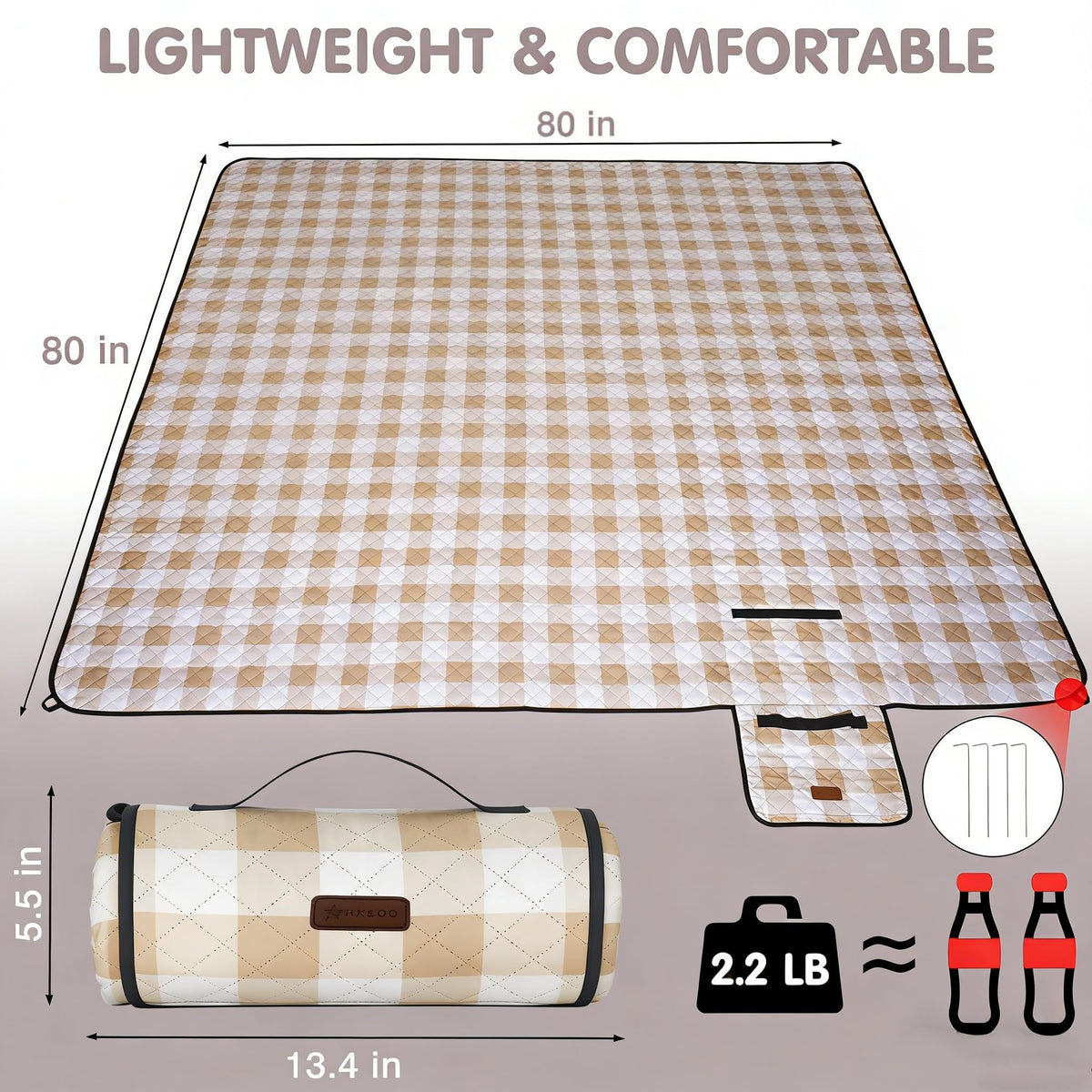 Outdoor Picnic Blanket, Extra Large, 80''x80'' Waterproof Foldable Blankets Gingham Picnic Mat for Beach, Camping