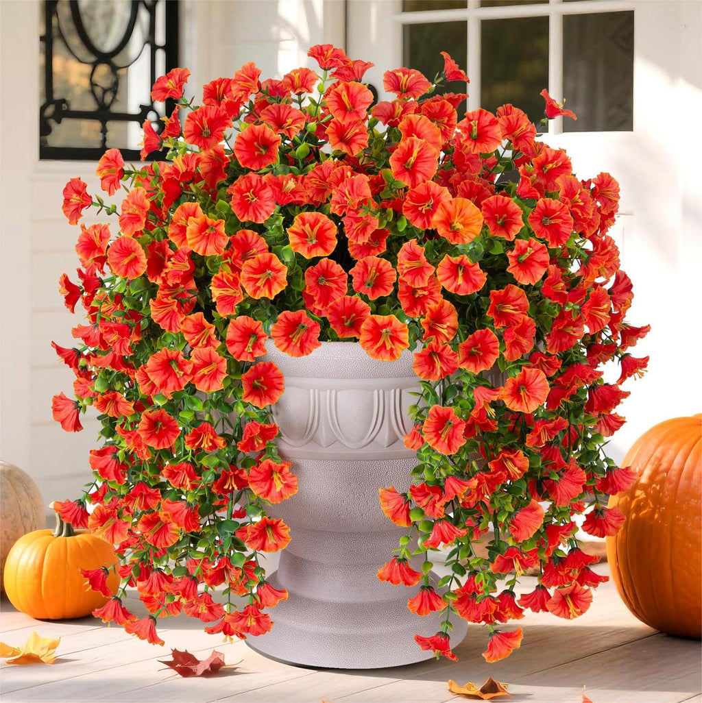 Artificial Fall Faux Hanging Flowers Plants for Outdoor Decor, 2 PCS Fake Silk Morning Glory with Eucalyptus UV