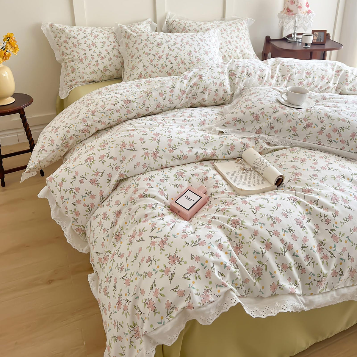 Girls Floral Ruffle Bedding Pink Flower Duvet Cover Queen Romantic Princess Lace Comforter Cover Cotton Boho Floral