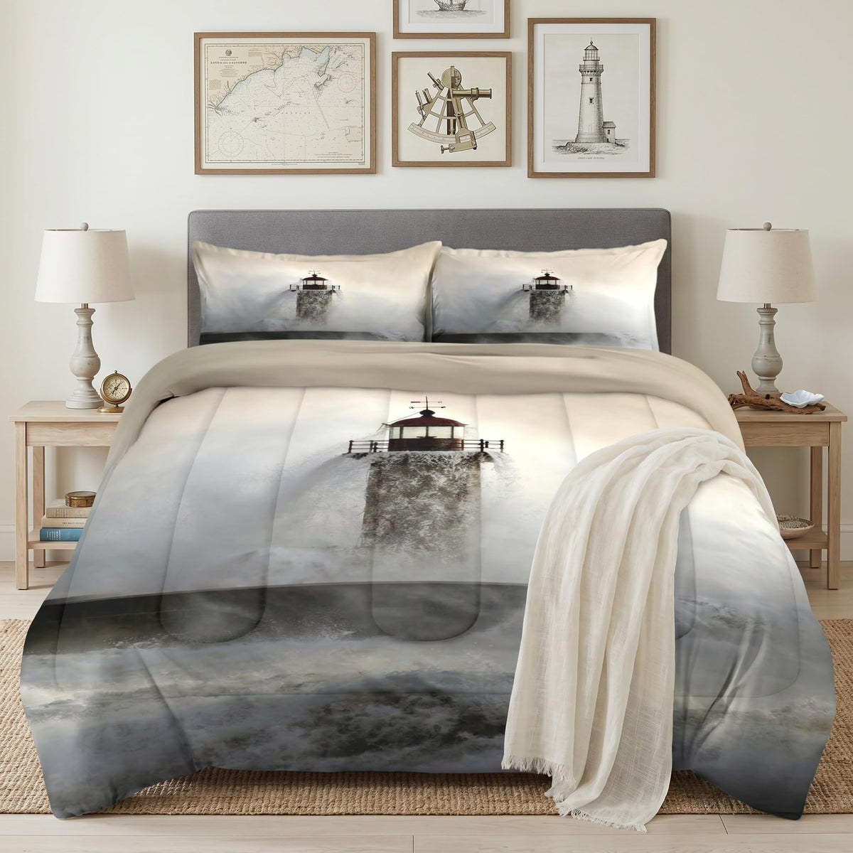 Comforter Set, 3 Pieces Ocean Coastal Bedding, All Season