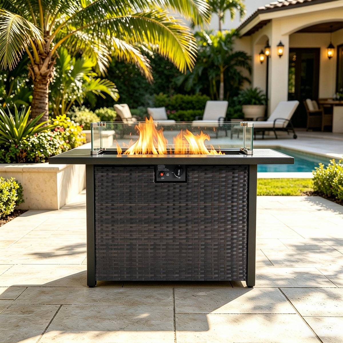 44 Inch Propane Fire Pit Table 50000 BTU Brown Glass Shield 50000 BTU Propane Fire Pit Table for Outdoor Patio