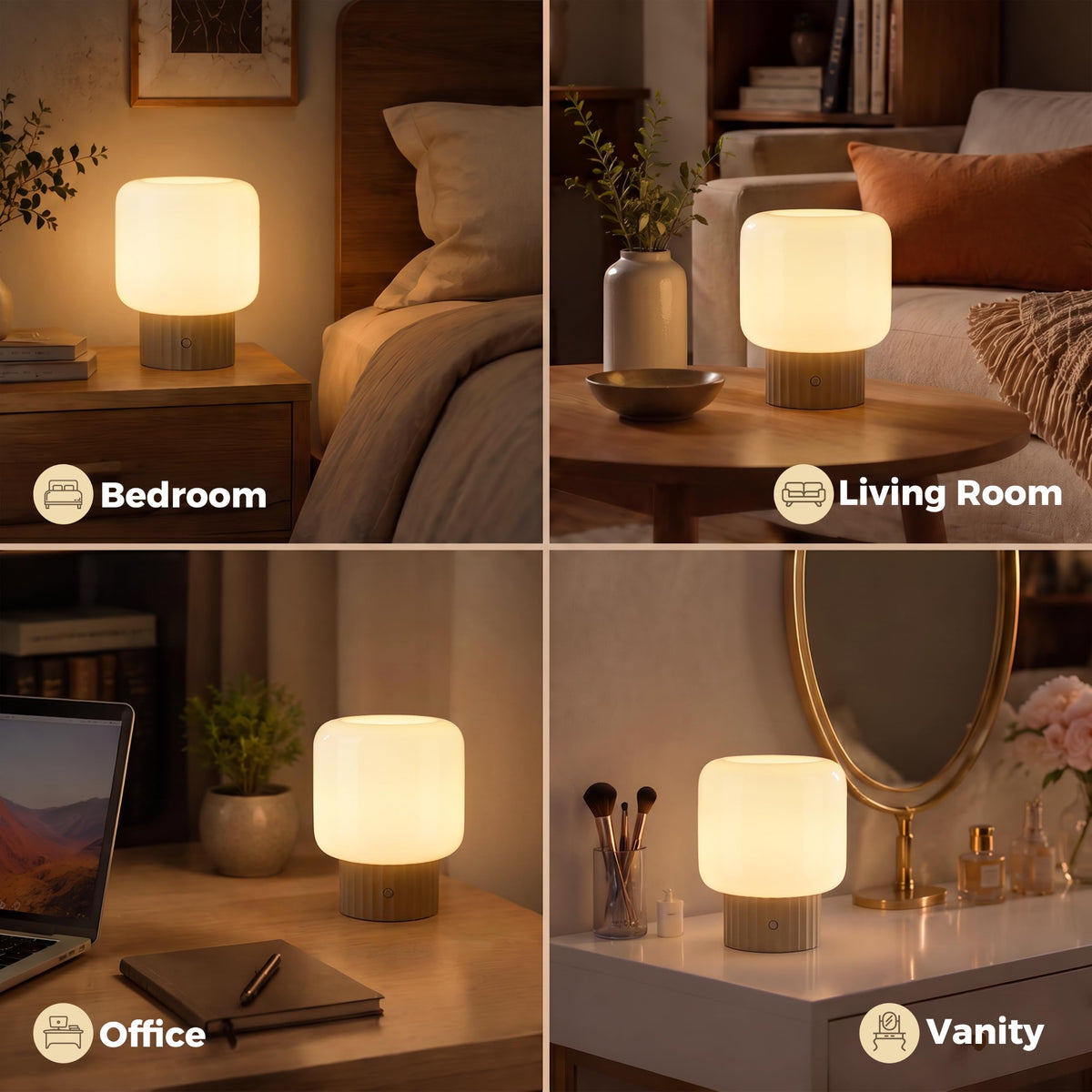 Mushroom Lamp, Cordless Rechargeable Table Lamp with Glass Shade, 3 Color Temperatures & Stepless Dimming, 5200mAh