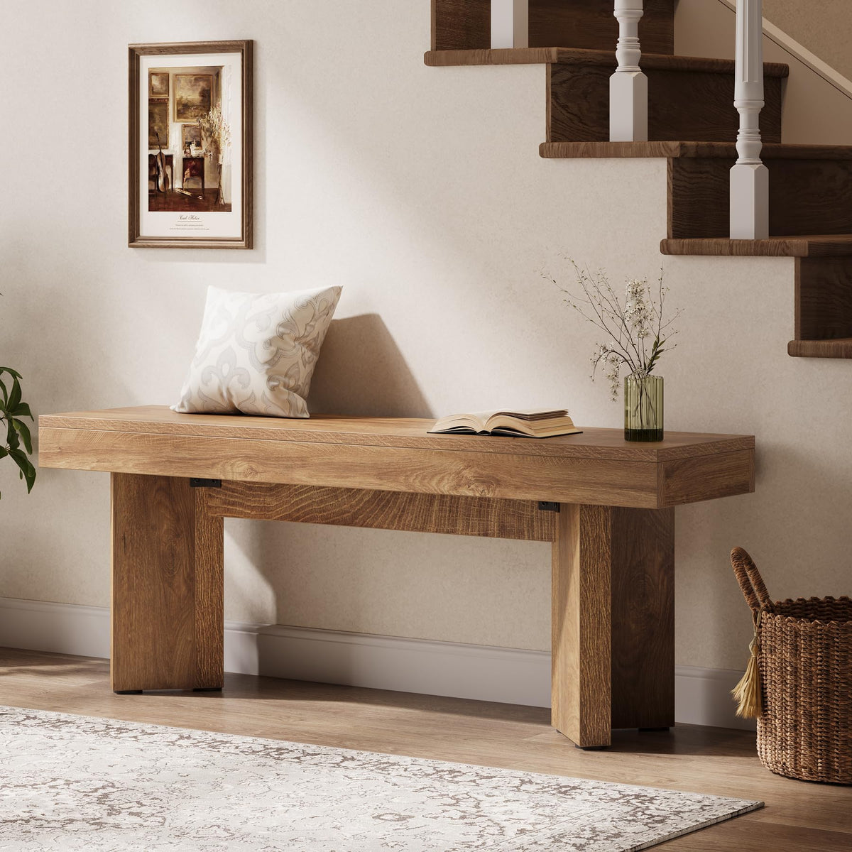 47" Wooden Entryway Bench, Farmhouse Indoor End of Bed Bench, Long Table Benches Seat, Foyer, End of Bed (Rustic