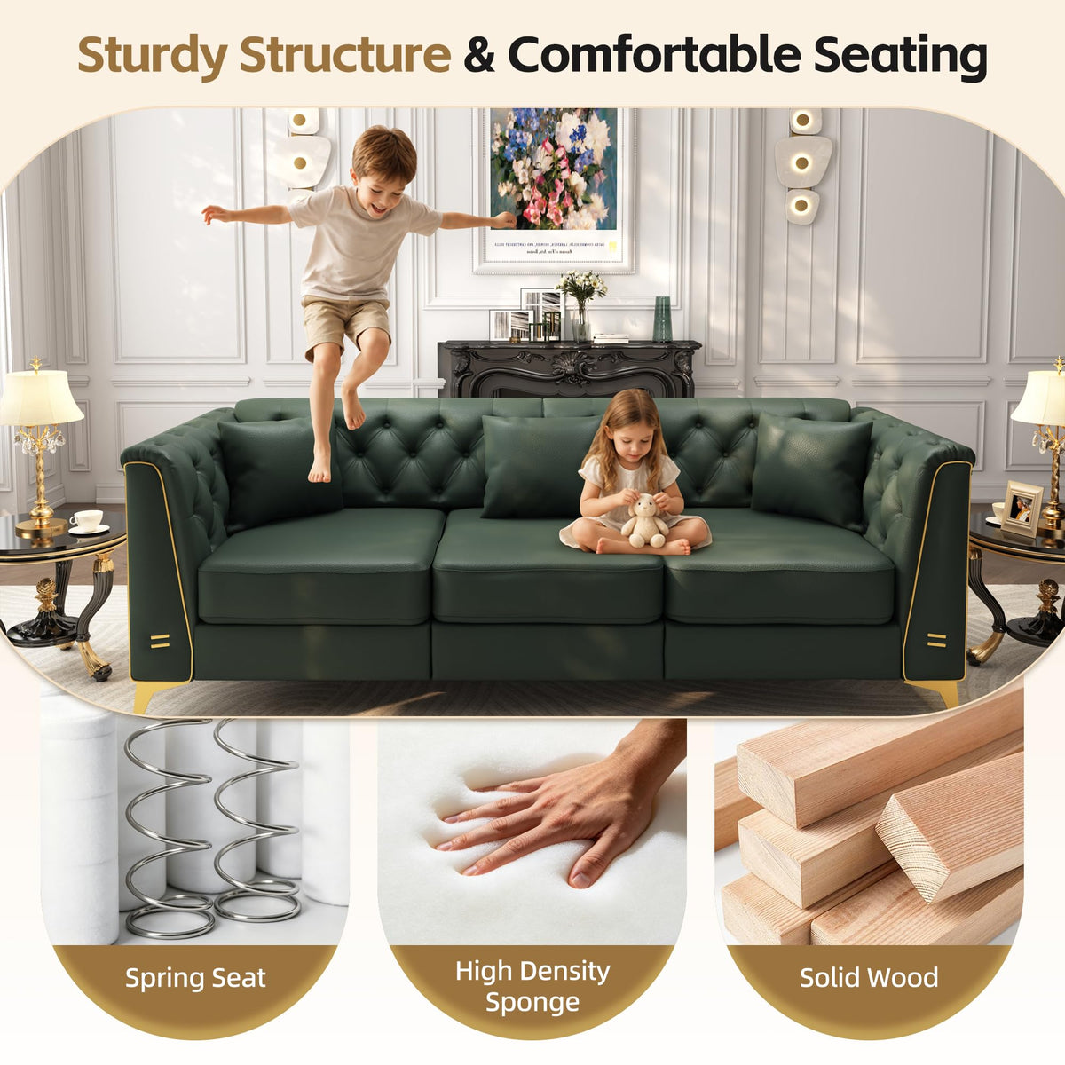 Faux Leather Sofas, 3-Piece Couch Set with Ottoman, Green