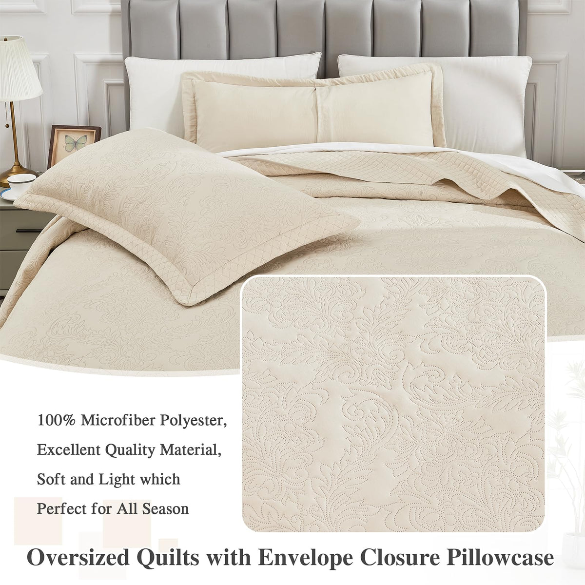 Bedspread 138x122, Quilt with Damask Pattern, Beige Coverlet with Pillowcase