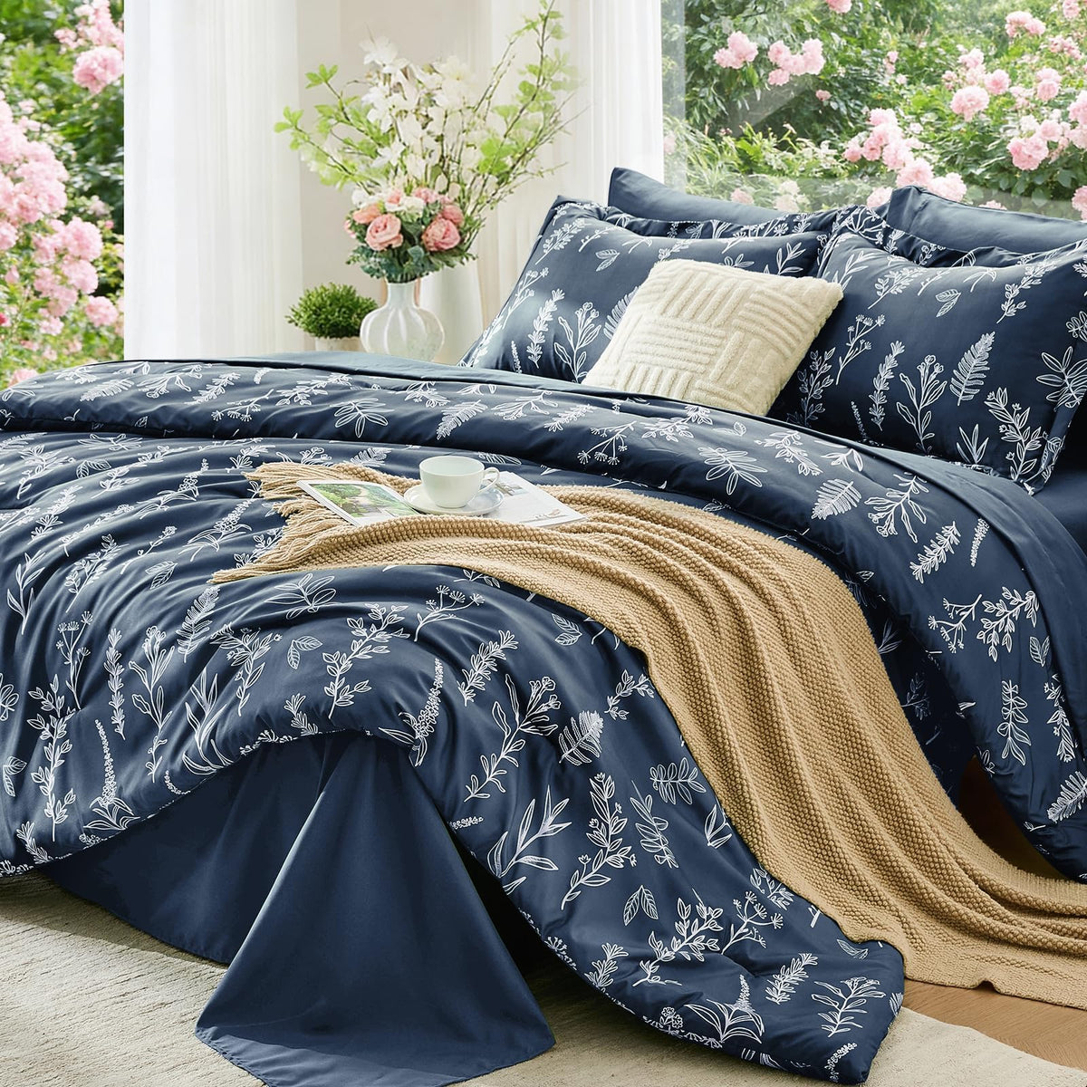 Oversized Comforter Set, 7-Piece Floral Bed in a Bag, Navy Blue