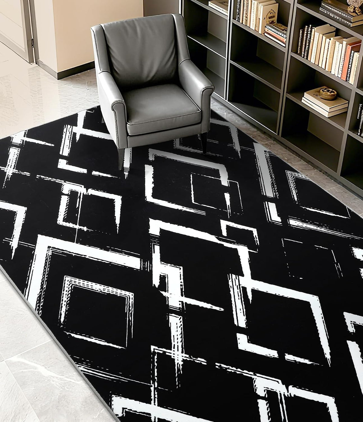 Black Modern Geometric Area Rug 8x10, Black and White Rug with Abstract Diamond Patterns,Non-Shedding Washable Rugs