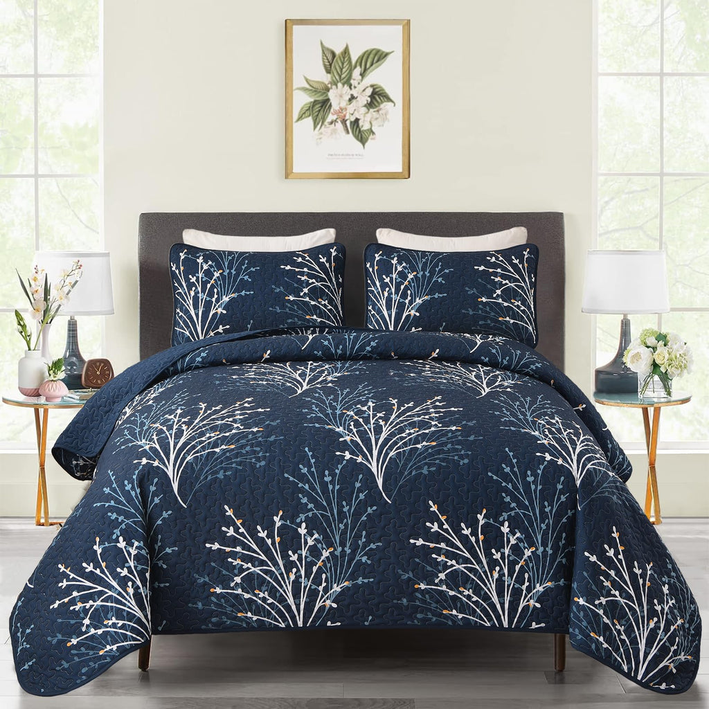 Navy Quilt Set Branch Botanical Bedspread Coverlet Set