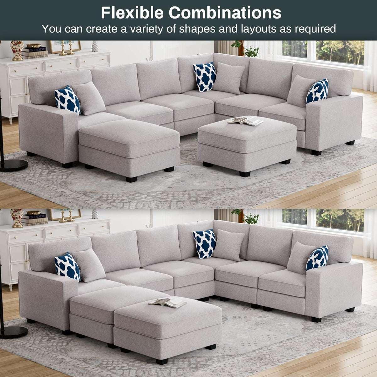 Oversized Modular Sectional Sofa, U/L‐Shaped Reversible Couch with Ottoman, Deep Seat Plush Polyester Sofa