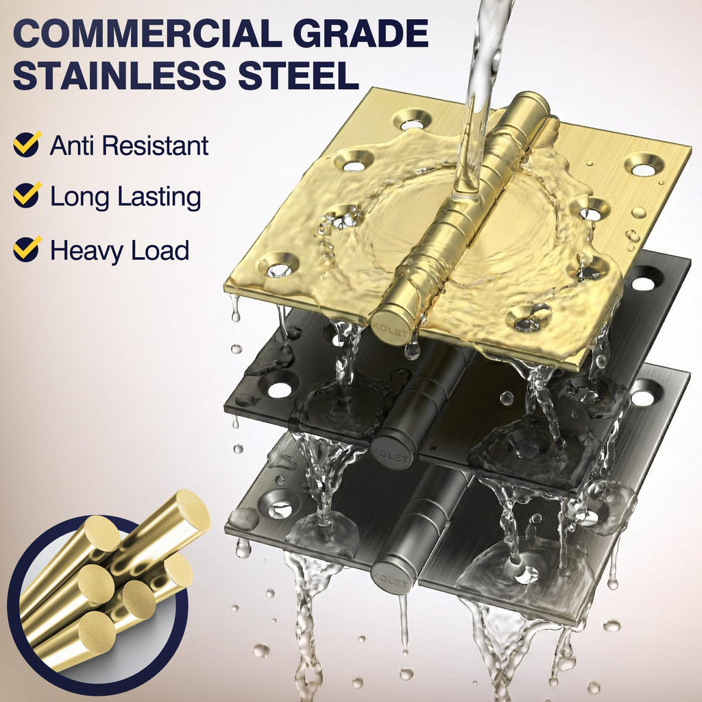 Ball Bearing Door Hinges, 4 x 4 Inches, Brushed Gold, 3 Pack