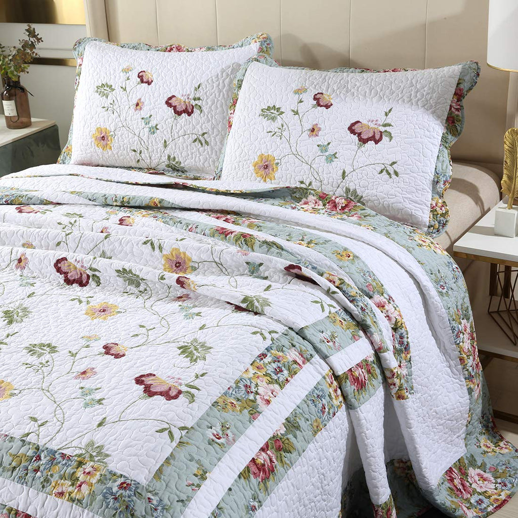 3-Piece Embroidered Floral Cotton Quilt Set Elegant Reversible Lightweight Soft Bedspread Coverlet with 2 Pillow