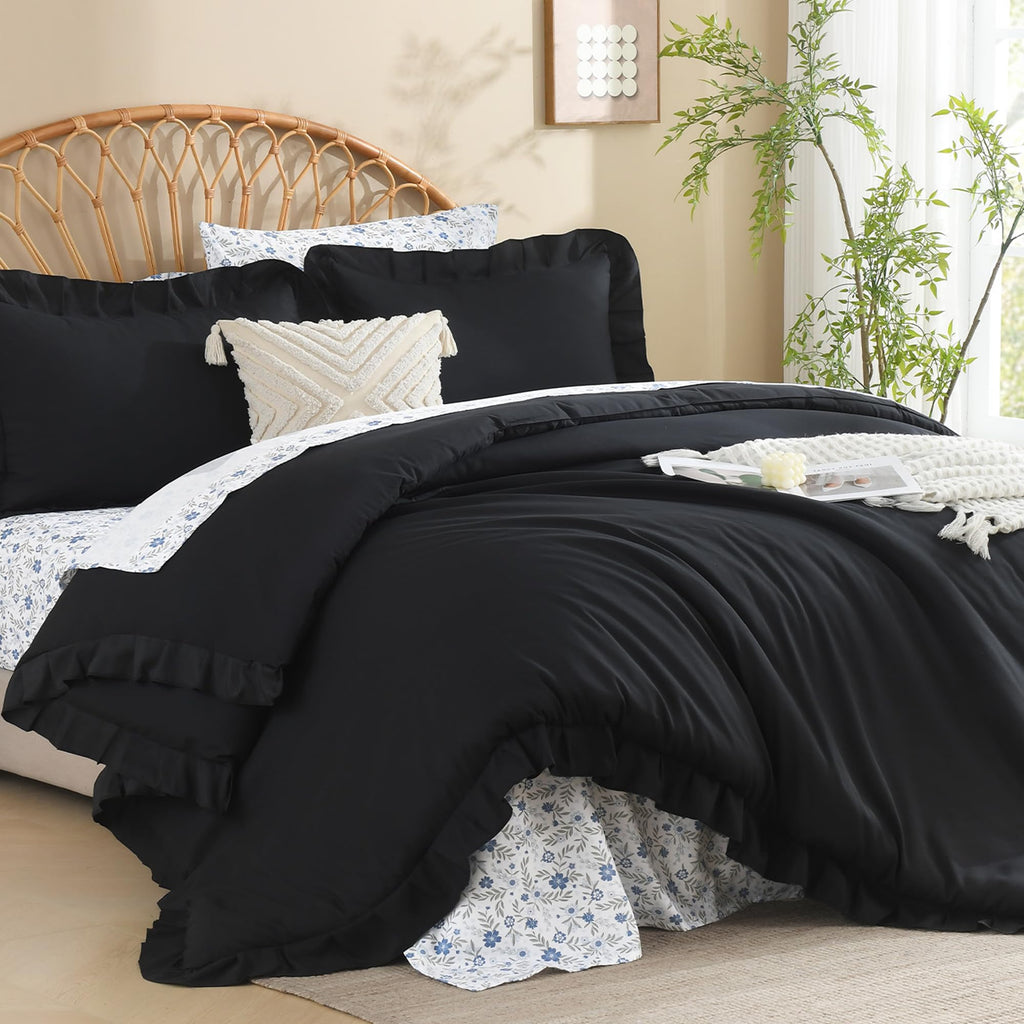 7Pcs Ruffled Black Comforter Set with Floral Sheets