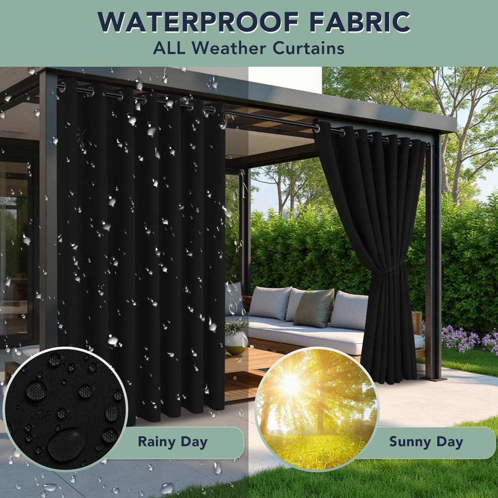 Black Outdoor Curtains Waterproof, 6 Drape Panels