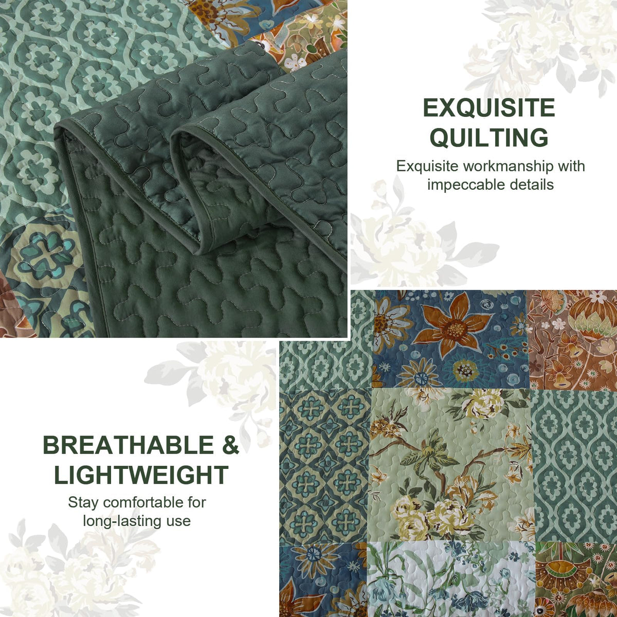 Patchwork Quilt Set Green Boho Rustic Floral Bedspread Coverlet