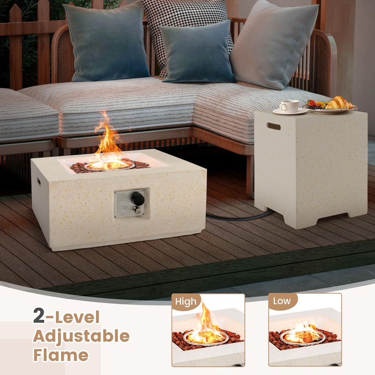 28 Inch Patio Propane Fire Pit Table with Hideaway Tank Holder, 40, 000 BTU Terrazzo Gas Fire Table with Lava Rocks