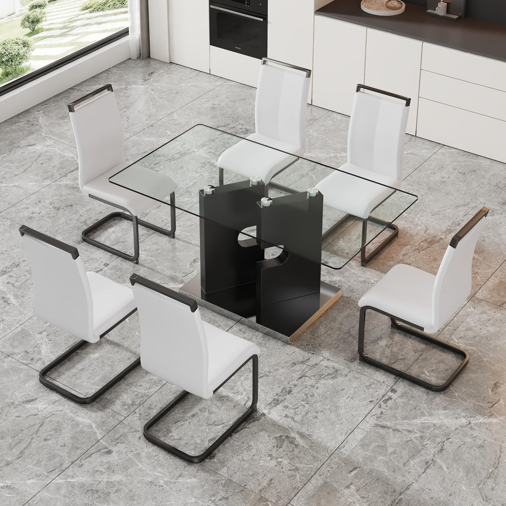 Glass Dining Table Set of 6, 63" Dining Room Table Set for 6, Modern