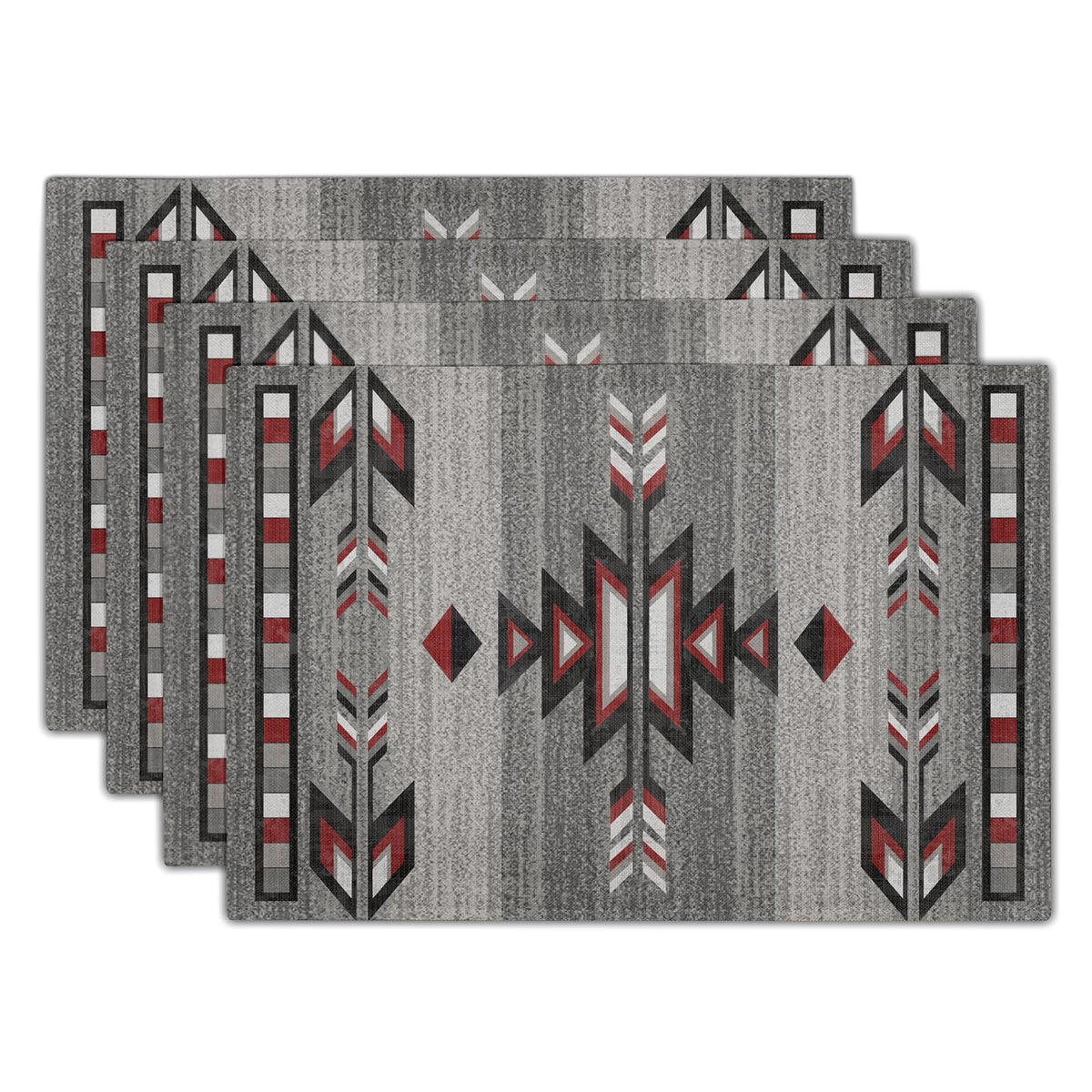 Southwestern Placemats, Grey Red Tribal Geometric Decorative Table Mats, Native American Ethnic Farmhouse Non-Slip