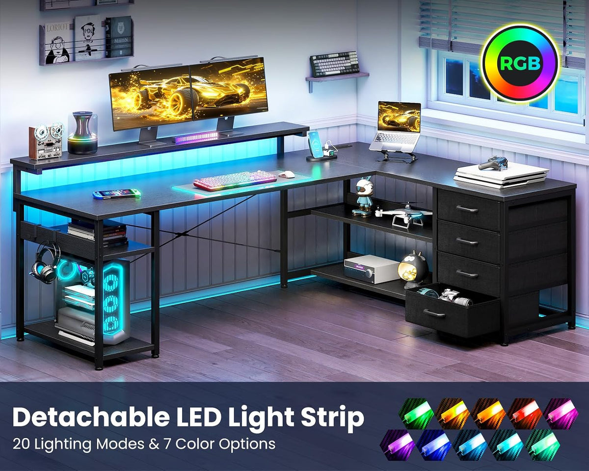 61 Inch L Shaped Computer Desk with 4 Drawers, LED Lights, Black | Power Outlets, Adjustable Monitor Stand, Open