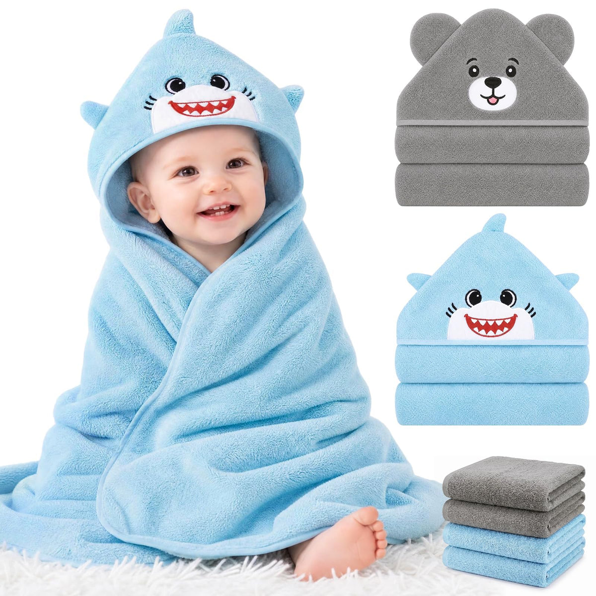 6 PCS Baby Bath Towels Set for Newborn Essentials (Shark, Bear)