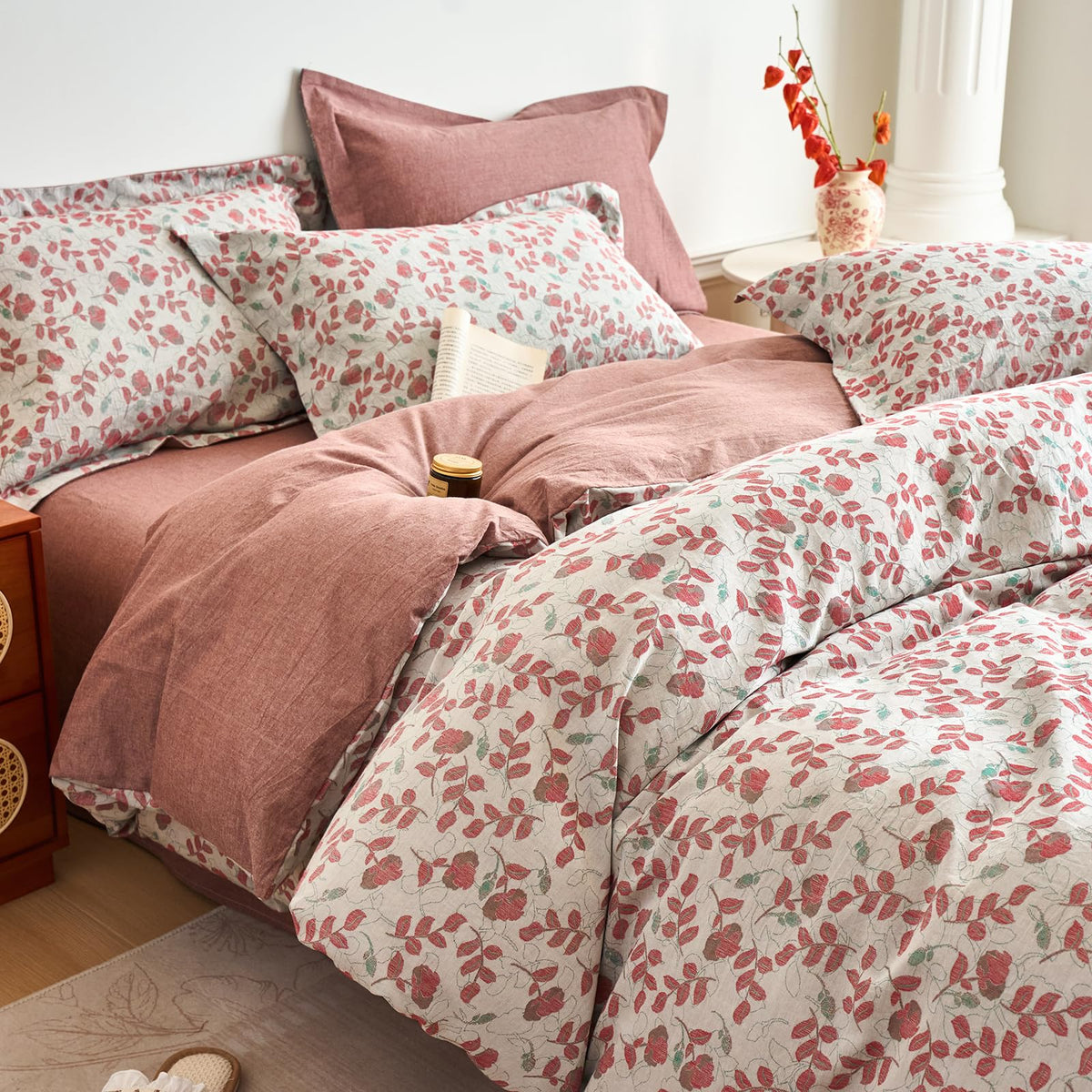 100% Washed Cotton Duvet Cover Set Vintage Red Floral Jacquard Texture Comforter Cover with 2 Pillowcases Boho
