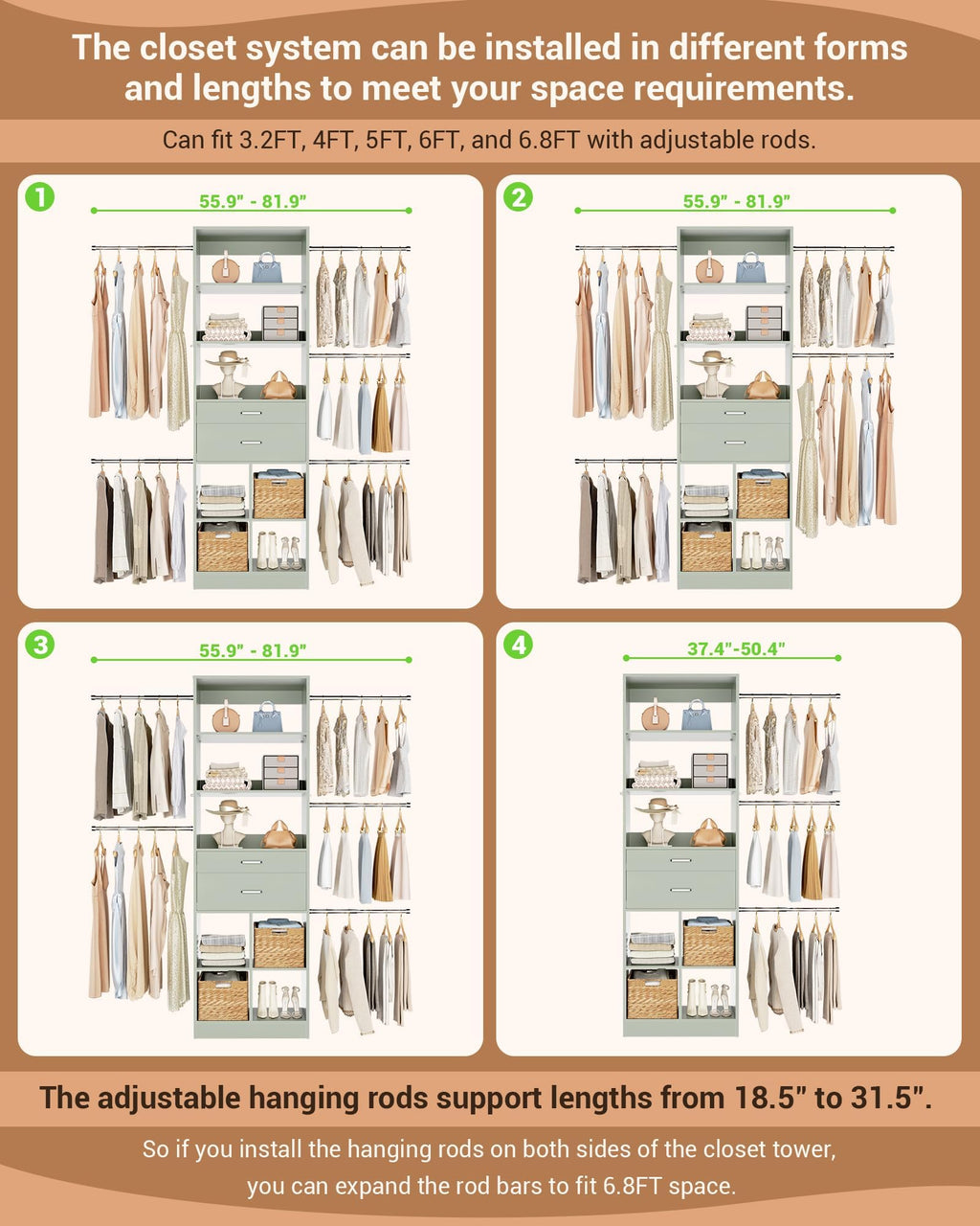 Small Closet System, 3.2-6.8FT Small Closet Organizer with 2 Wooden Drawers & 5 Hanging Rods, Can Fit 37.5 to 81.9