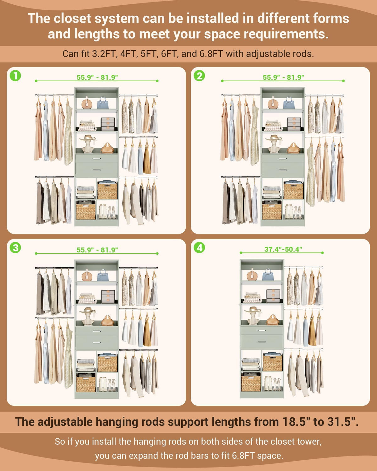 Small Closet System, 3.2-6.8FT Small Closet Organizer with 2 Wooden Drawers & 5 Hanging Rods, Can Fit 37.5 to 81.9
