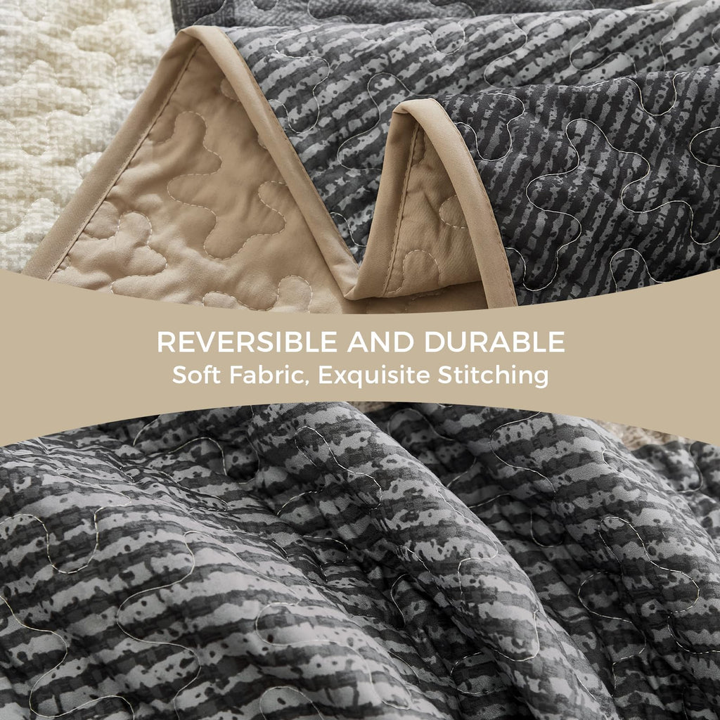 Grey Quilt Set, 3-Piece Boho Striped Bedding