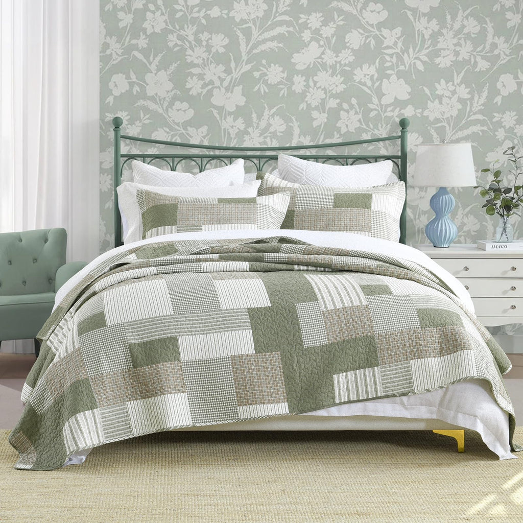 Plaid Quilt Set, Patchwork Light Green Quilt Bedding Set, 100% Cotton Bedspreads, Farmhouse Rustic