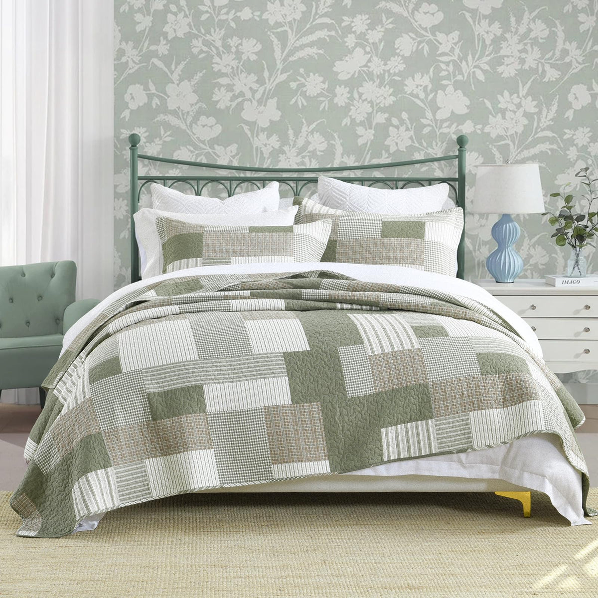 Plaid Quilt Set, Patchwork Light Green Quilt Bedding Set, 100% Cotton Bedspreads, Farmhouse Rustic