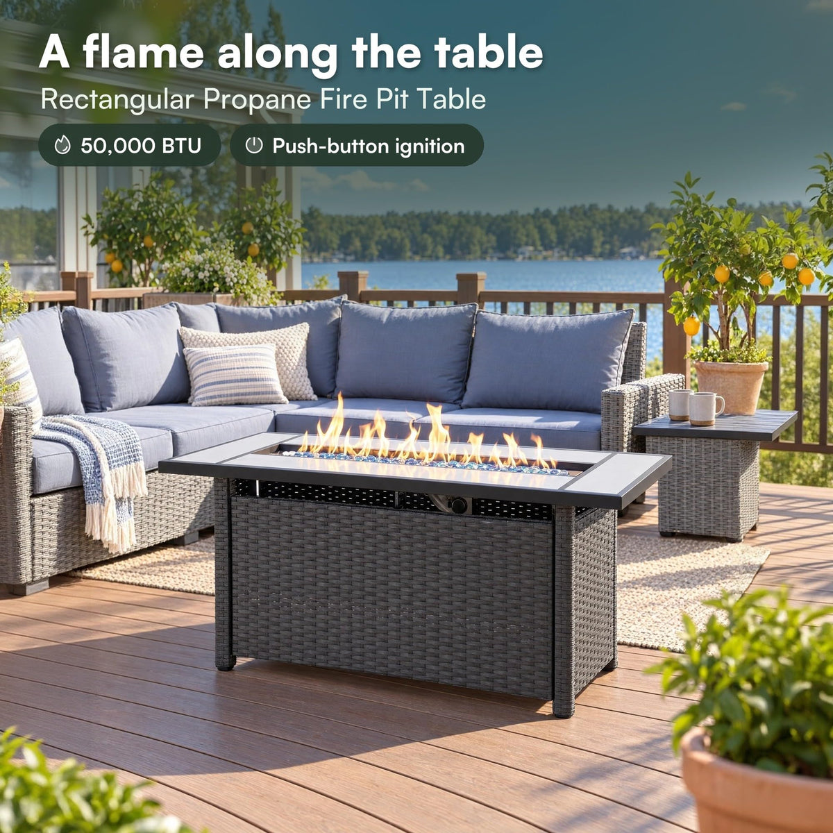 Tirana Propane Fire Pit Table 45" Outdoor Firepit 50, 000 BTU Firepits for Outside with Lava Rocks and Removable Lid