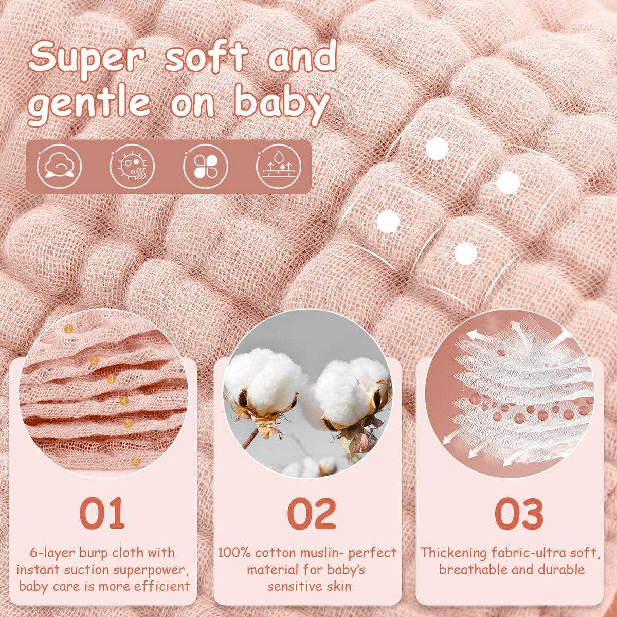 Muslin Burp Cloths Baby Girl 6 Pack - 20" x 10" - Ultra Soft & Absorbent, 6-Layer 100% Cotton for Spit Up & Drool