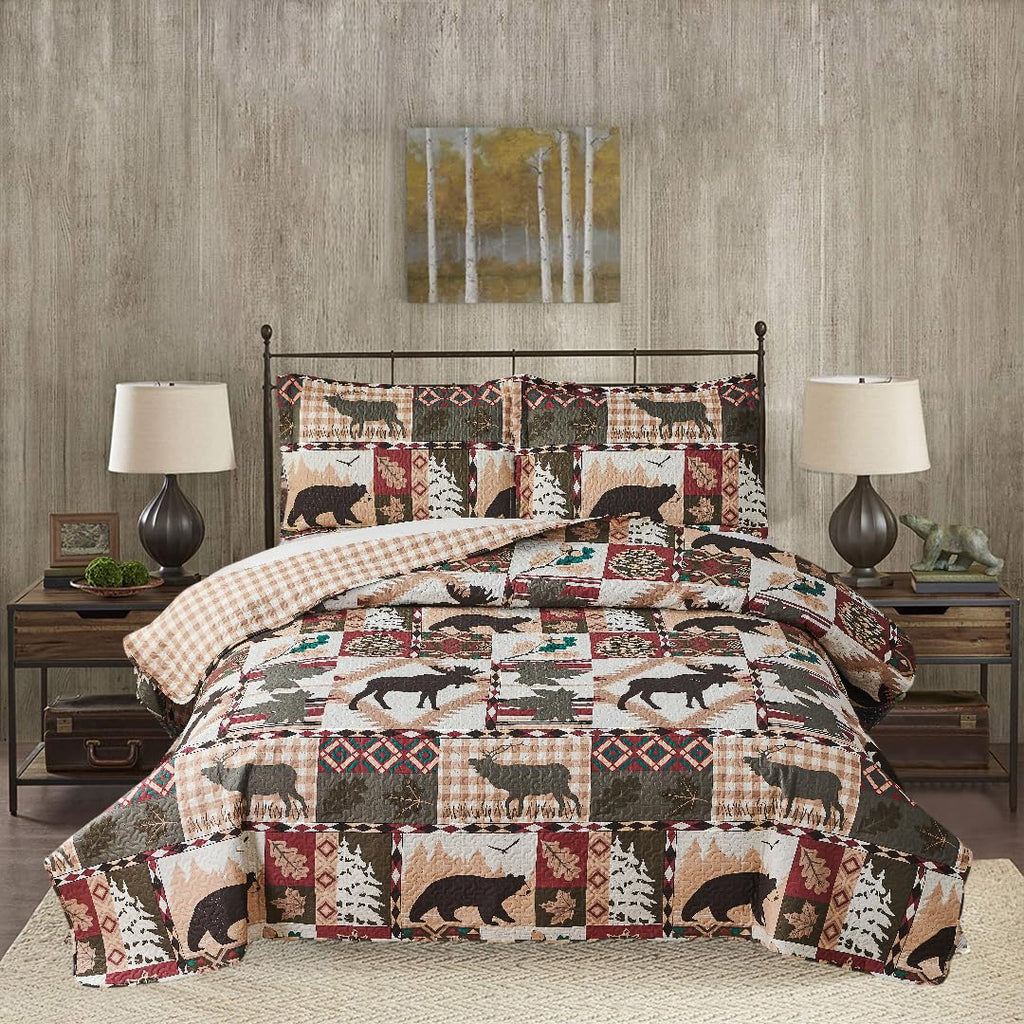 3 Pcs Reversible Rustic Quilt Set Size Moose Bear Bedspread Lodge Bedding Plaid Themed Cabin Coverlet