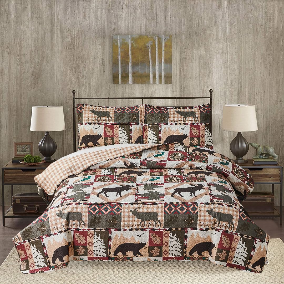 3 Pcs Reversible Rustic Quilt Set Size Moose Bear Bedspread Lodge Bedding Plaid Themed Cabin Coverlet